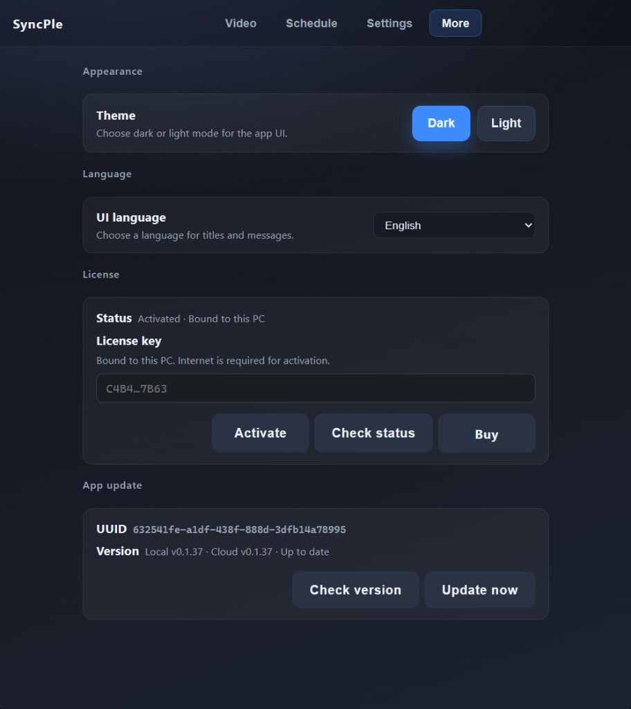 SyncPle More tab with theme, language, license, and app update