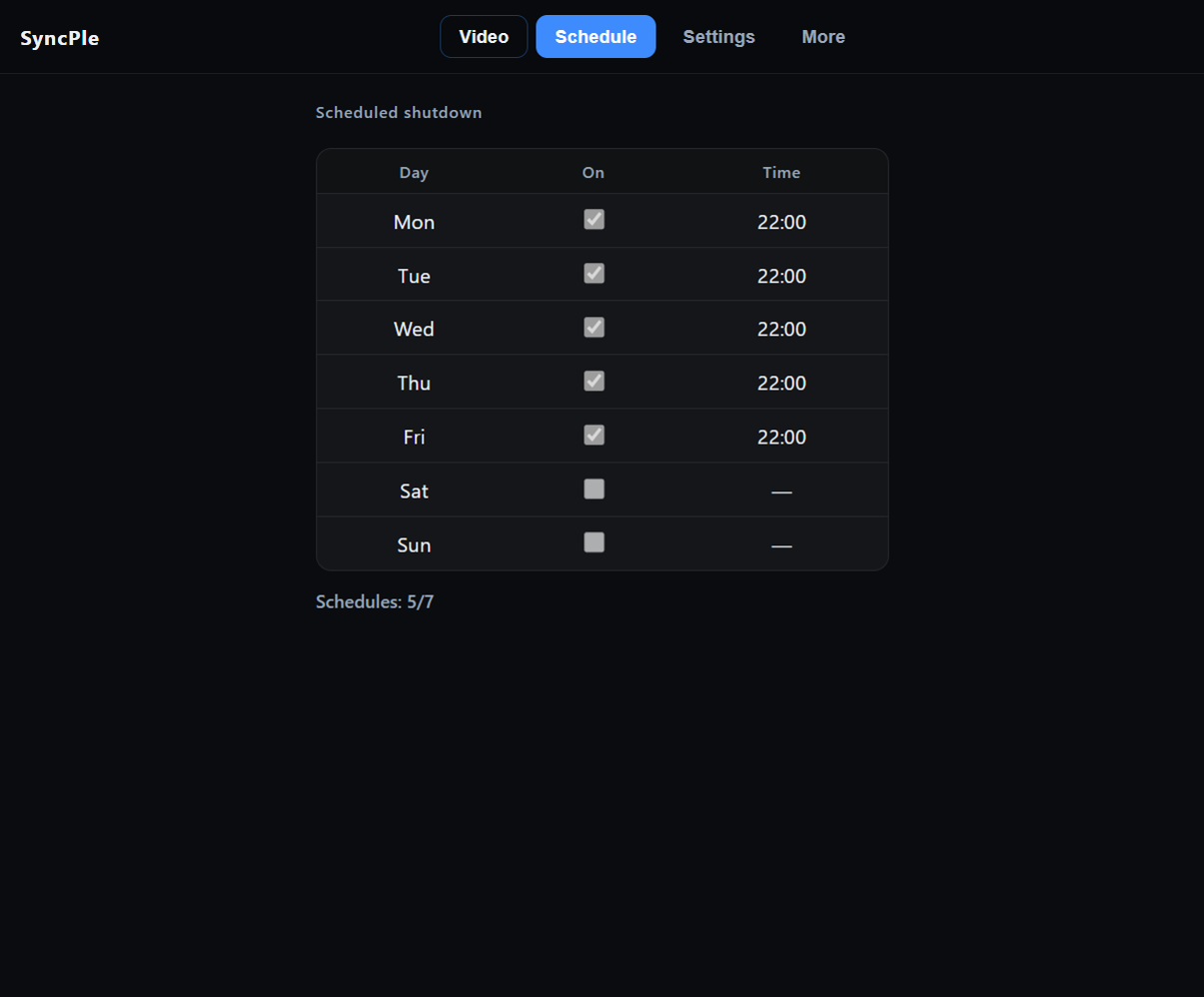 SyncPle Schedule tab with weekday shutdown times