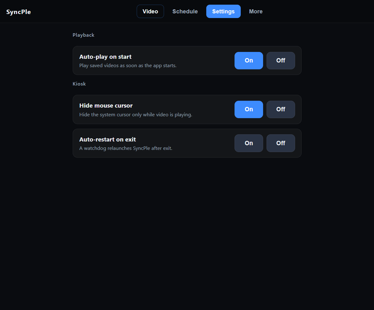SyncPle Settings tab with kiosk options